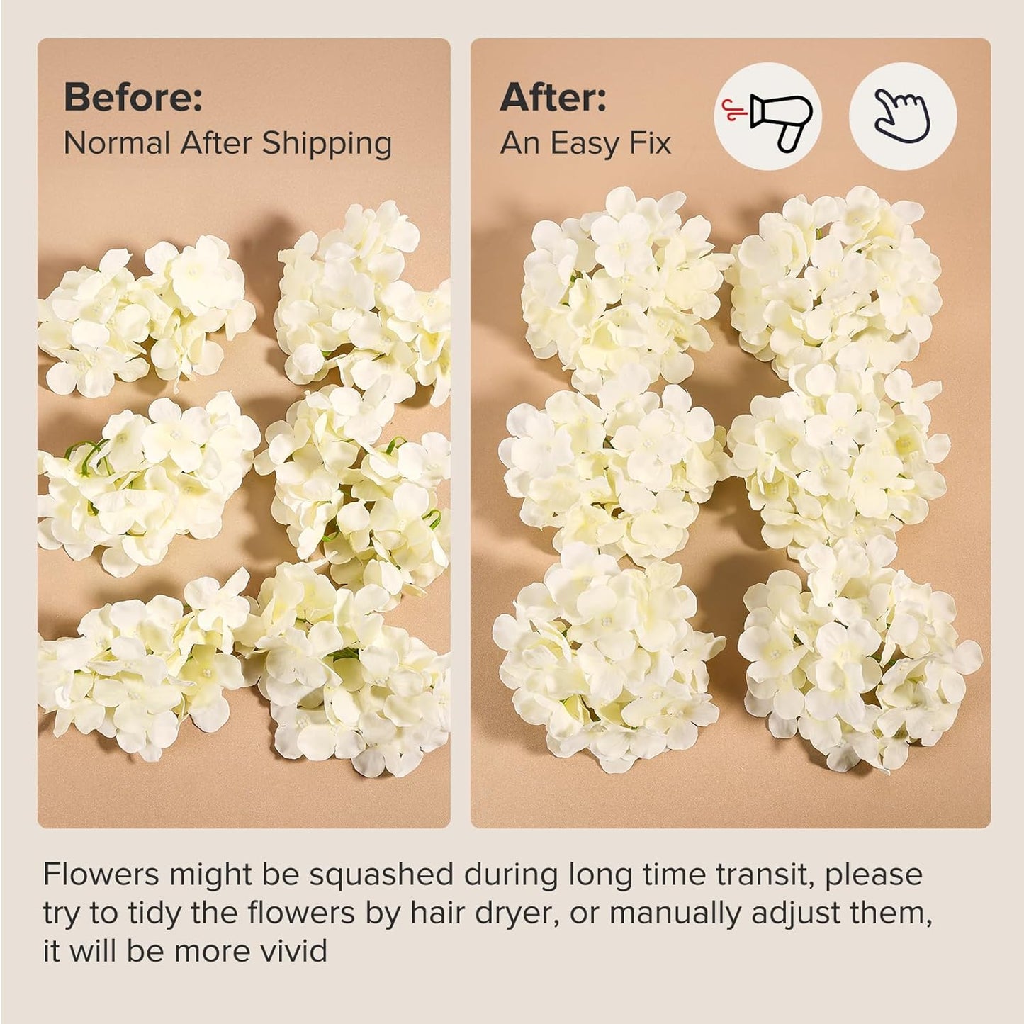 Auihiay 64 PCS Artificial Hydrangea Flowers, Silk Hydrangea Full Flowers Heads with Stems for Wedding Centerpieces, Home, Garden, Baby Shower, Party Decoration (Ivory)