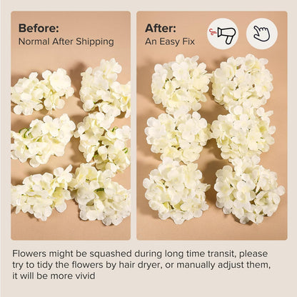 Auihiay 64 PCS Artificial Hydrangea Flowers, Silk Hydrangea Full Flowers Heads with Stems for Wedding Centerpieces, Home, Garden, Baby Shower, Party Decoration (Ivory)