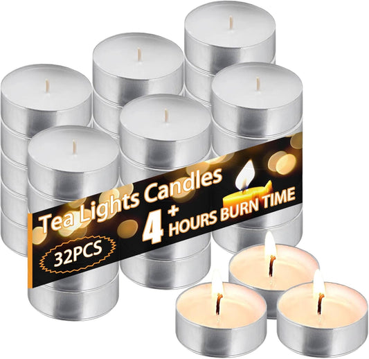 Tea Light Candles 32Pcs, 4 Hour Long time Burning, Bulk White Unscented Smokeless Tea Candles for Home, Shabbat, Weddings, Events, Emergencies (32Pcs-White)