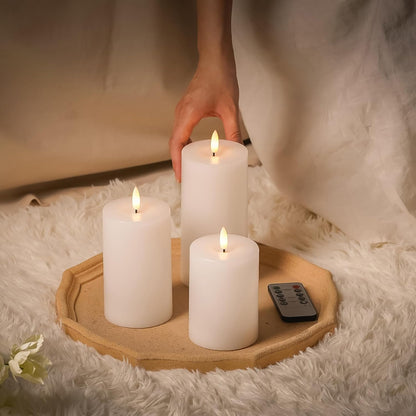 Stmarry Ivory Flameless Candles with Remote and Timer, Real Wax Made LED Pillar Candles Battery Operated with 3D Flickering Flame - 3" x 4",5",6" - Set of 3