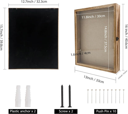 GraduationMall 13x16 Wood Shadow Box Frame Glass Door Display Case with Linen Back and 6 Stick Pins,1.5 inches Interior Depth,Ideal for Memorabilia Pictures Flowers Medals Tickets Rustic White