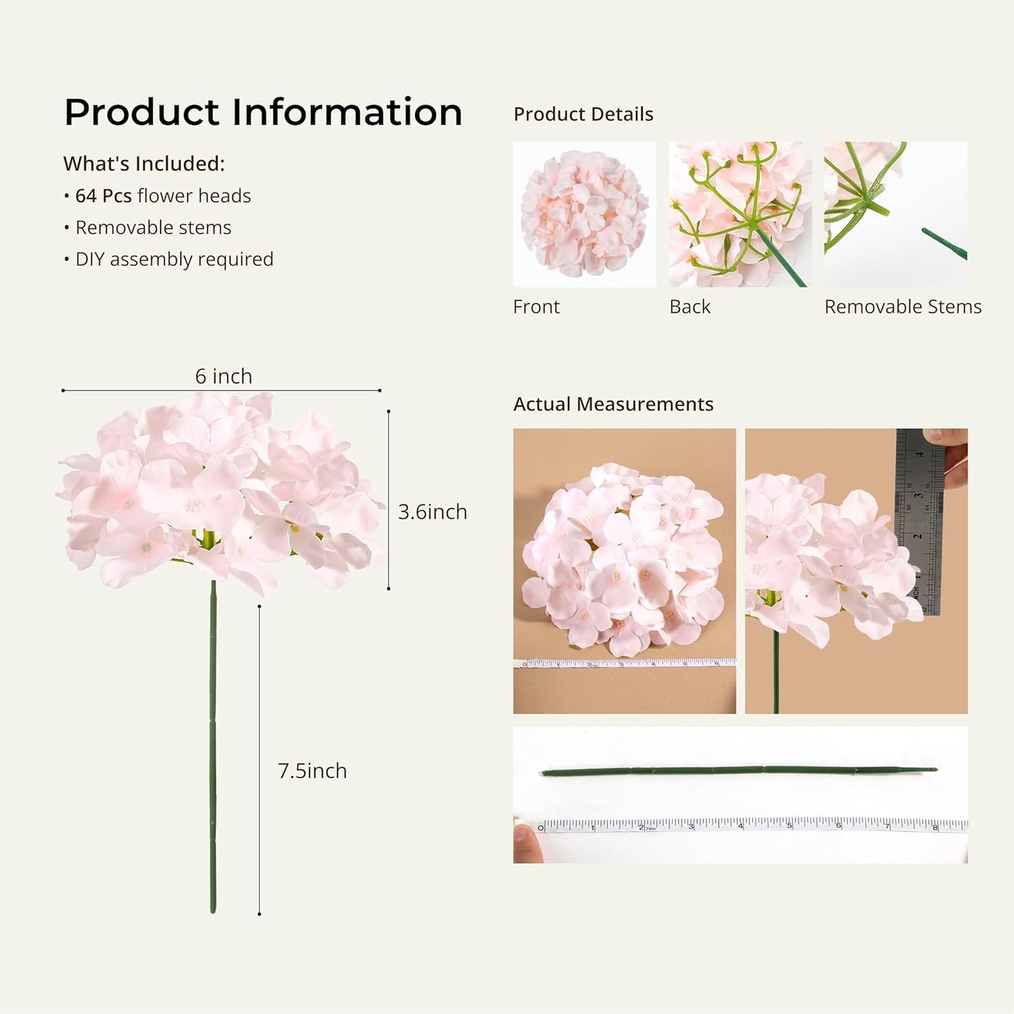 Auihiay 64 PCS Artificial Hydrangea Flowers, Silk Hydrangea Full Flowers Heads with Stems for Wedding Centerpieces, Home, Garden, Baby Shower, Party Decoration (Ivory)