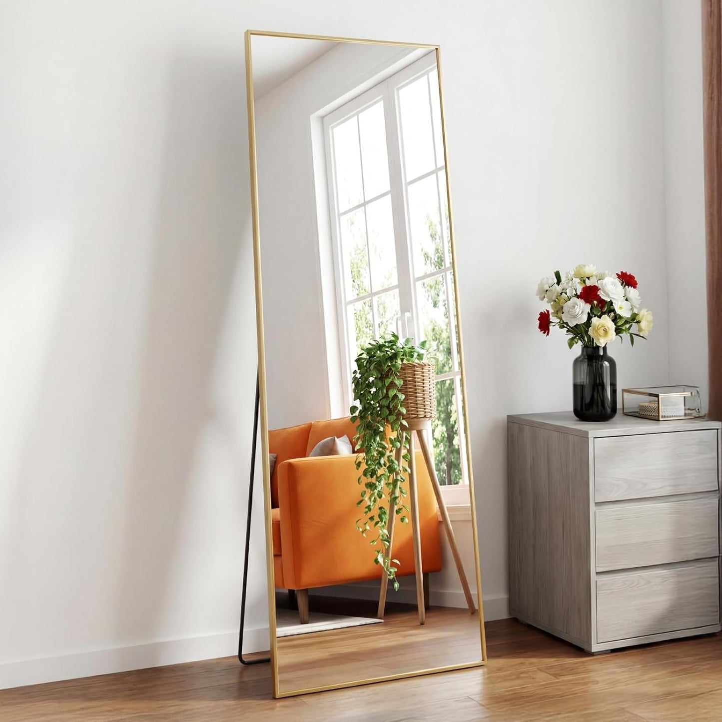 DUMOS Full Length Mirror 64"x21" Full Body Floor Mirror for Bedroom or Cloakroom, Can Stand Alone, Hang or Lean Against Wall, Tall Wall Mirror with Stand, Black