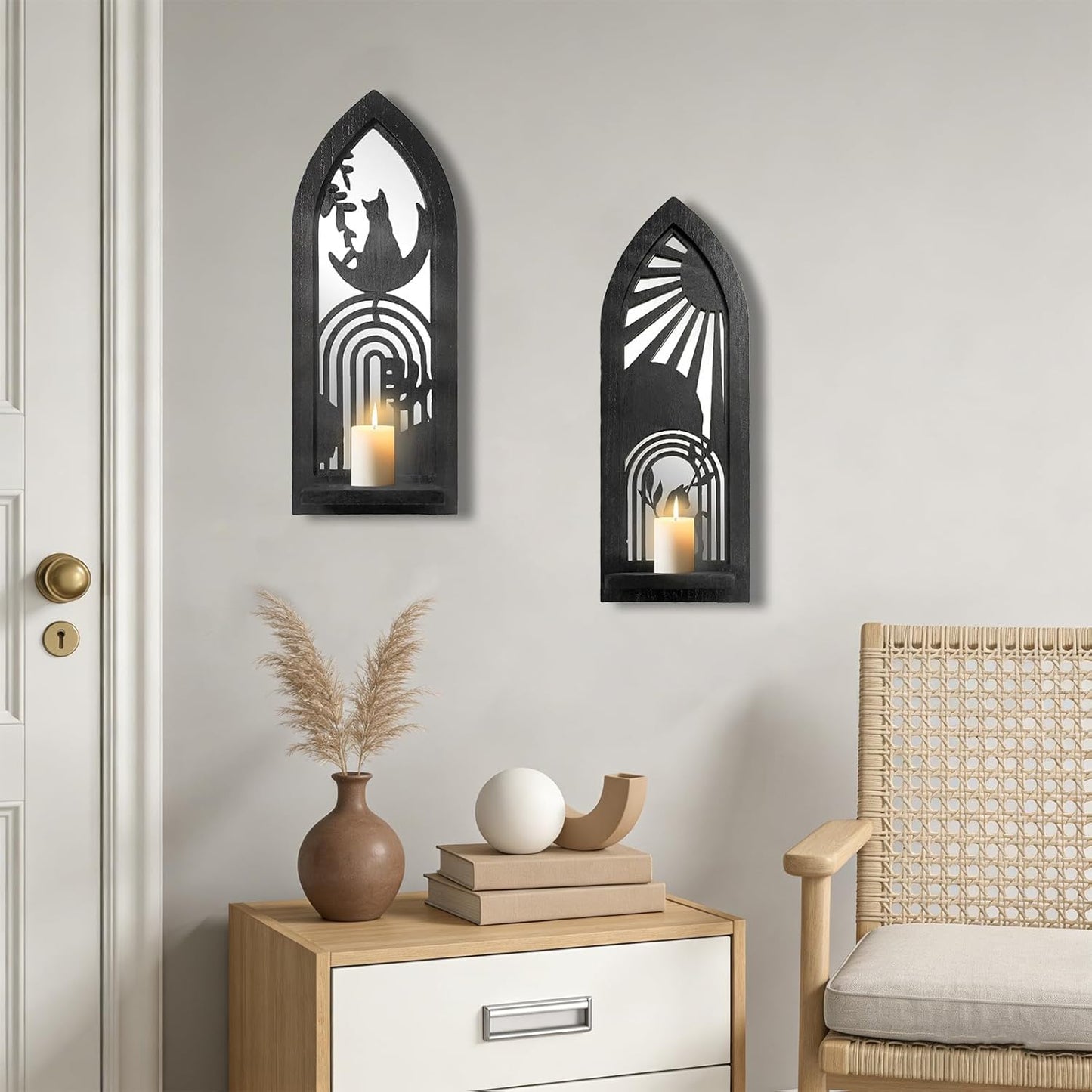 Wood Wall Sconce Candle Holder Set 2, Rustic Wall-Mount Candle Holders, Farmhouse Hanging Wall Décor, Carved Wood Frame, Mirrored Candle Holder (Distressed White)