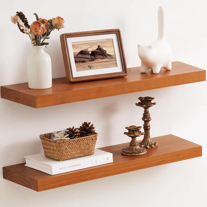 Floating Shelves 36 Inches Long - 8 Inch Deep Rustic Premium Solid Pine Wood for Storage - Farmhouse Wall Mounted for Living Room - Heavy-Duty Metal Bracket - 36" W x 8" D - Set of 2 - White Color
