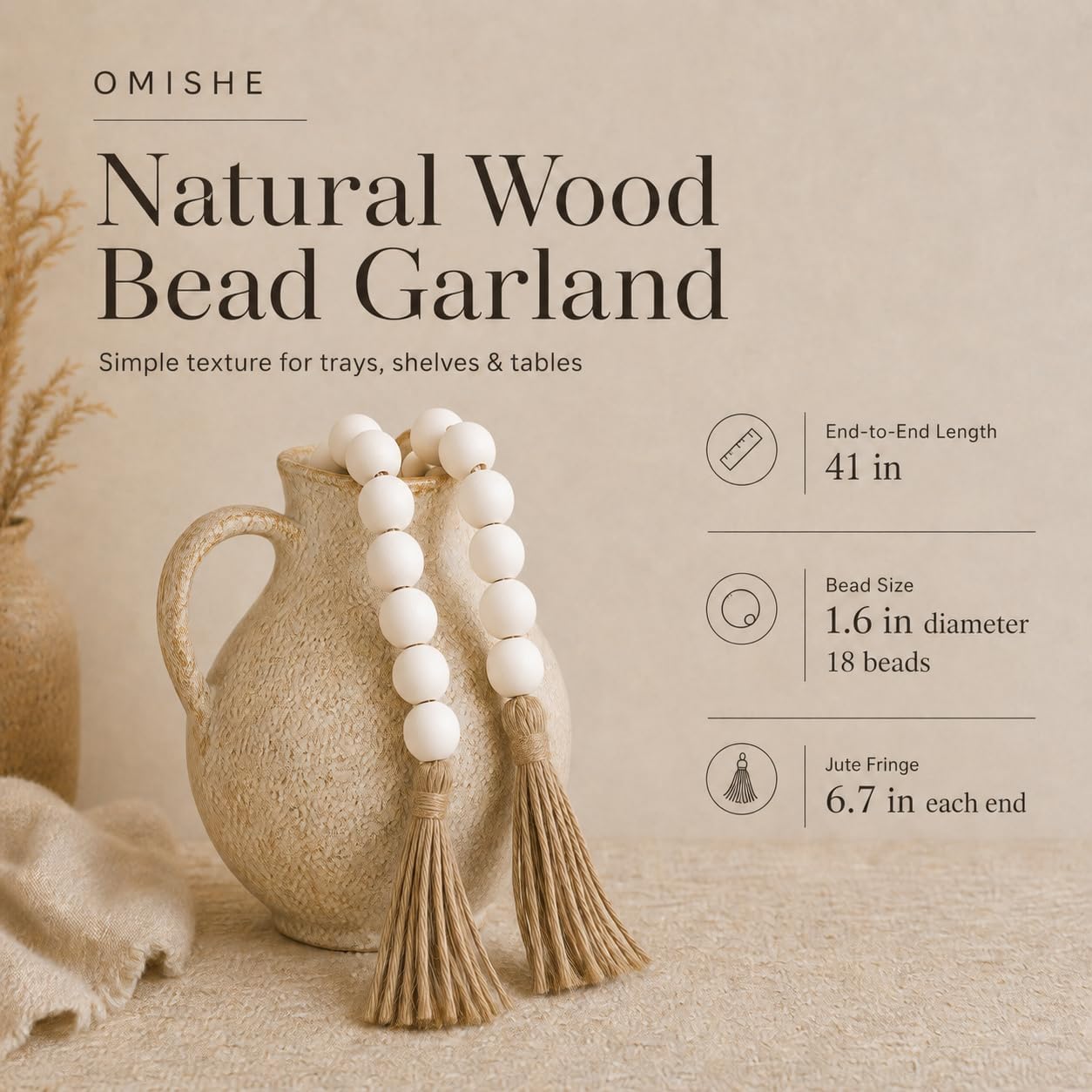OMISHE Extra Large Wood Bead Garland with 1.6" Diameter Wooden Beads and Tassels, 41" Long Rustic Farmhouse Country Decorative Beads for Home Tiered Tray Decor, Natural Beige
