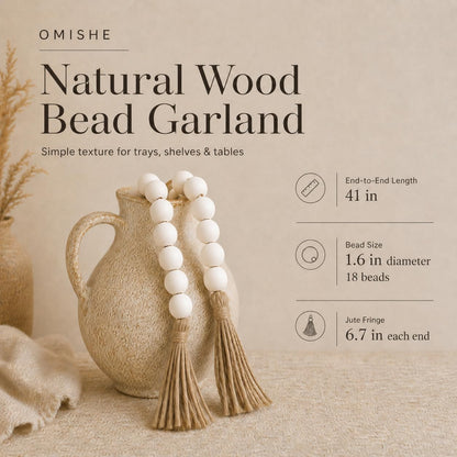 OMISHE Extra Large Wood Bead Garland with 1.6" Diameter Wooden Beads and Tassels, 41" Long Rustic Farmhouse Country Decorative Beads for Home Tiered Tray Decor, Natural Beige