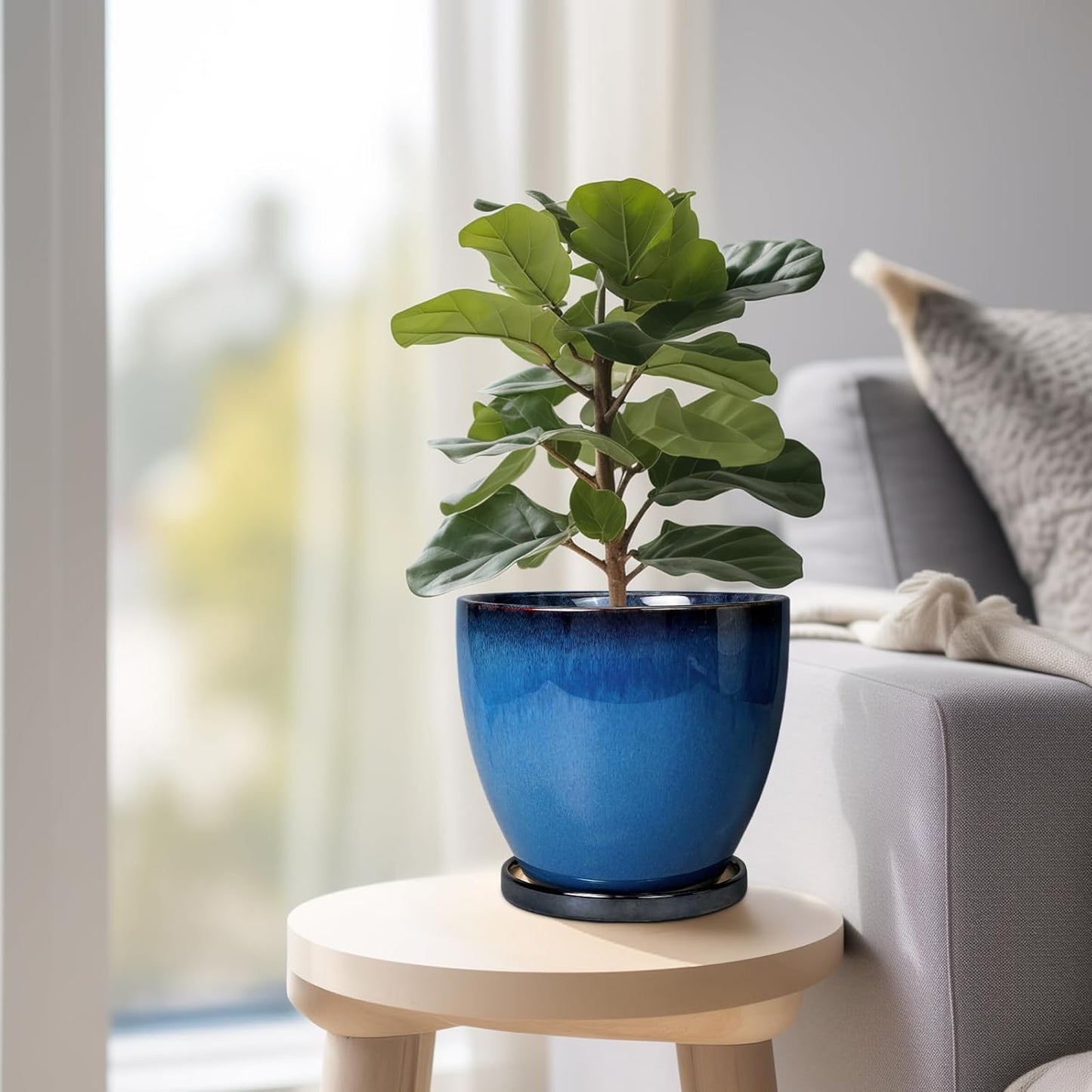 10 Inch Ceramic Planter Pot Round Plant Pot for Indoor Plants Outdoor Large Flower Pot with Drainage Hole and Saucer Blue