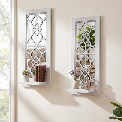 Wood Wall Sconce Candle Holder Set 2, Rustic Wall-Mount Candle Holders, Farmhouse Hanging Wall Décor, Carved Wood Frame, Mirrored Candle Holder (Distressed White)