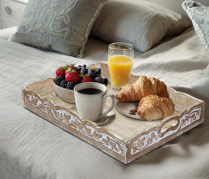 Hand Carved Wooden Serving Tray - Decorative Breakfast Tray with Handles - Rustic Wooden Food Tray with Intricate Detail - Unique Furnishing Accent - Natural Finish - 17 x 13 x 2.5 Inch - COTTON CRAFT