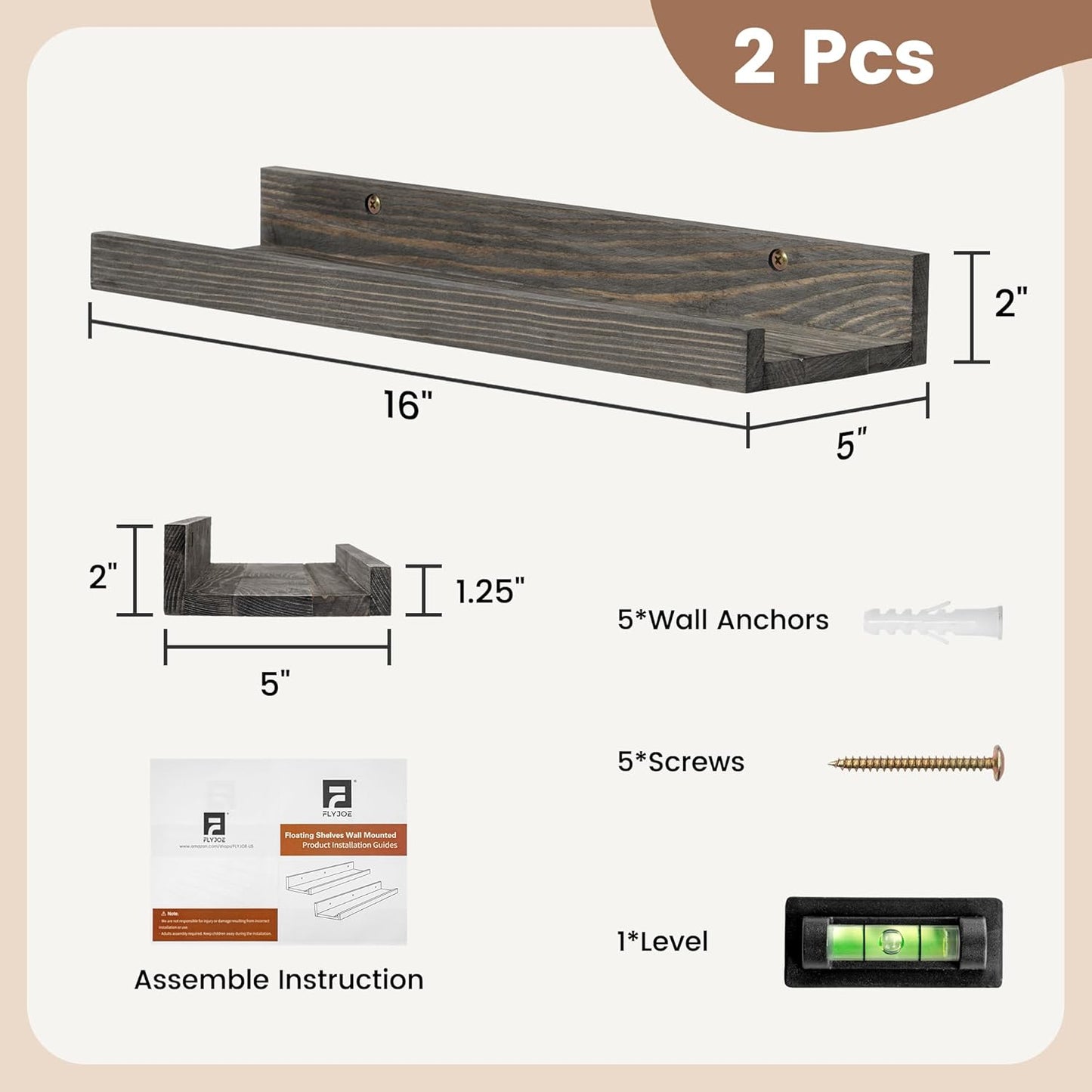 FLYJOE Picture Ledge Shelf, Floating Shelves Set of 2, Solid Pine Wood 55'' Long Large Nursery Book Shelves for Toys Storage, Kids Bookshelf for Living Room Bedroom Decor Books Photo Frames, Walnut