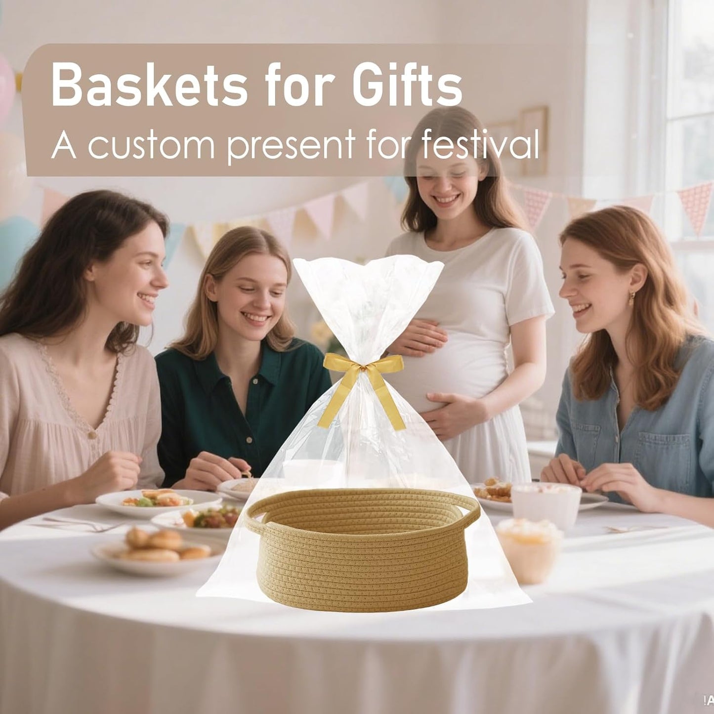 JMvicyroam Woven Basket,Small Rope Storage Bin with Handles & Ribbon Bag, Organizer for Shelves Closets,Gift Basket Empty for Birthday,Books,Dog Toys,White