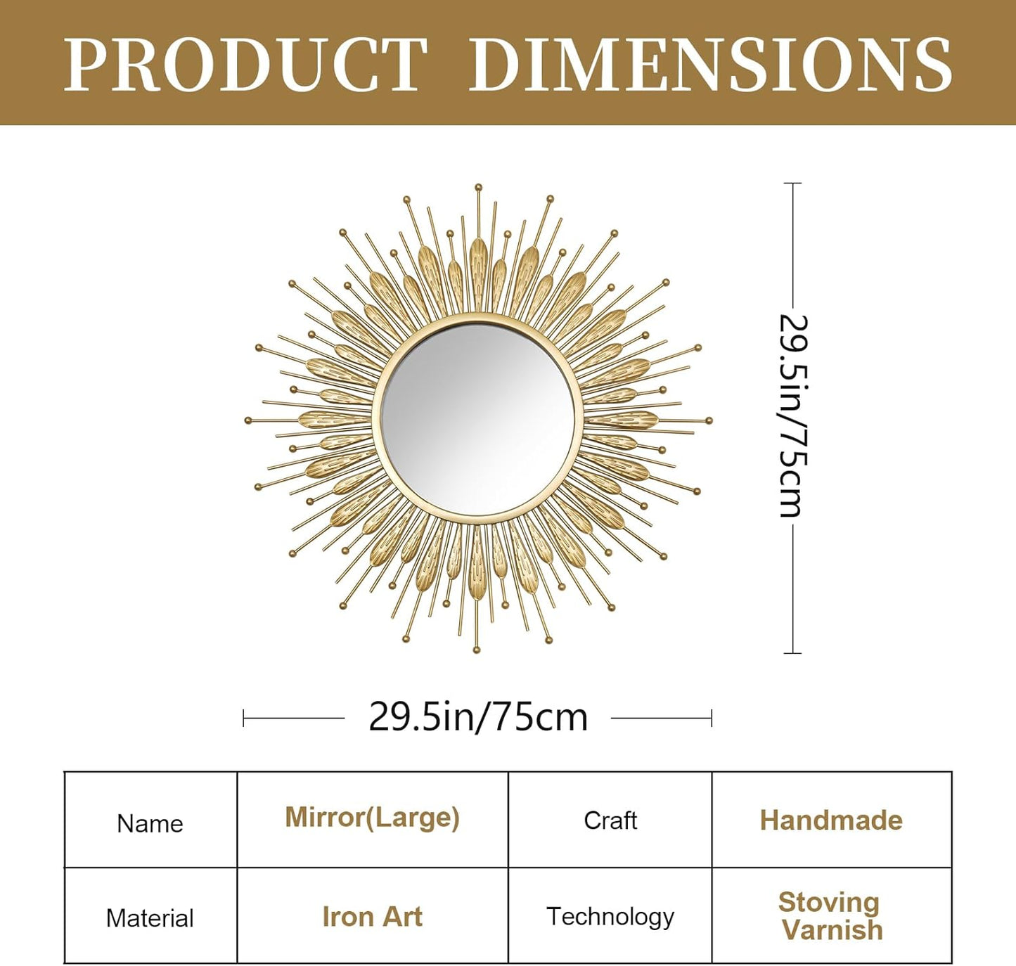 24" Gold Sunburst Decorative Wall Mirror – Handmade Flower Design, Luxury Round Accent Mirror Boho Wall Decor for Bedroom,Entryway, Dining Room & Kitchen