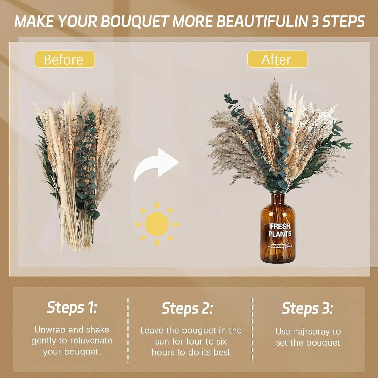 N&T NETING Dried Pampas Grass Decor- White Pampas Grass, Brown Pampas, Bunny Tail, Reed, Fluffy Dried Pompas Grass Flower for Home Wedding Table Vase Boho Modern Decor, 75Pcs