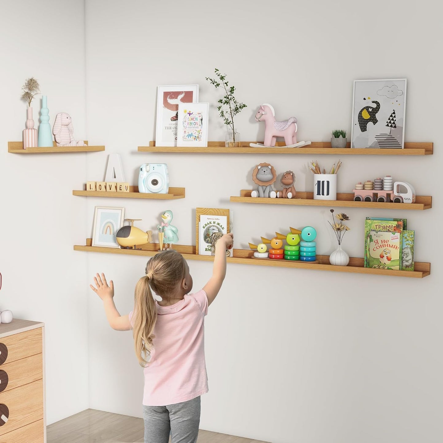 FLYJOE Picture Ledge Shelf, Floating Shelves Set of 2, 48 Inches Long Large Nursery Book Shelves for Toys Storage, Kids Bookshelf Wall Mounted for Living Room Bedroom Decor Books Photo Frames, Walnut
