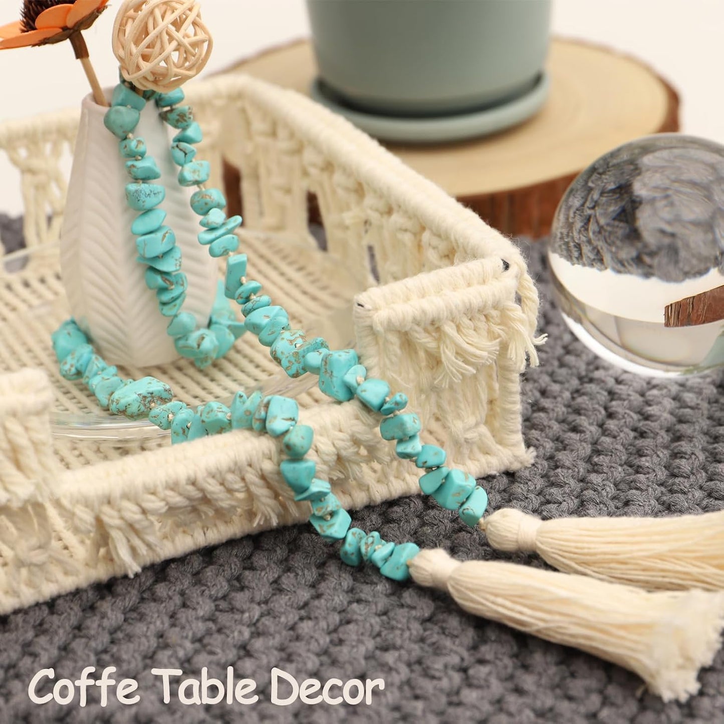 Gemstone Bead Garland with Tassel,31inch Farmhouse Rustic Country Table Decor Prayer Healing Beads Boho Wall Shelf Hanging Decoration (Turquoise Ball)