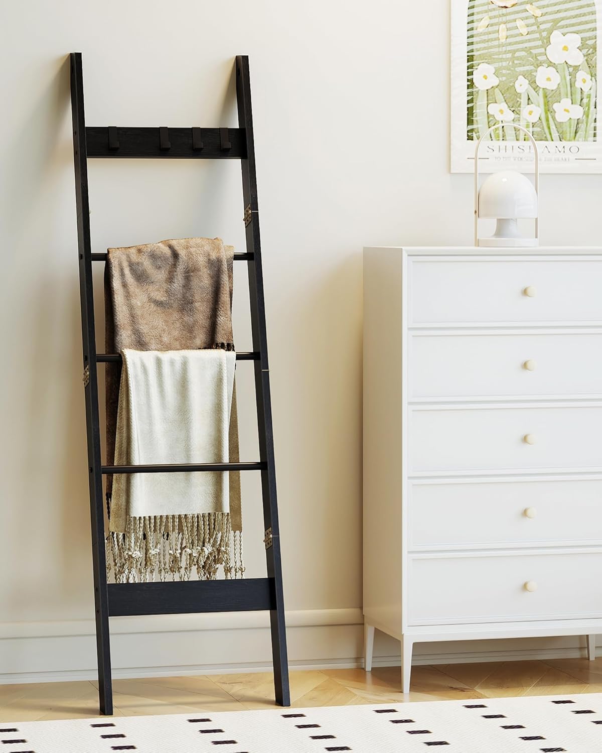 Hzuaneri Blanket Ladder for Living Room, Decorative Quilt Rack with 4 Removable Hooks, 5-Tier Farmhouse Ladder Holder Shelf Organizer for Bedroom, Rustic Brown and Black 02101BBR