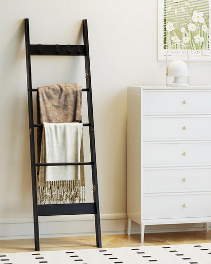Hzuaneri Blanket Ladder for Living Room, Decorative Quilt Rack with 4 Removable Hooks, 5-Tier Farmhouse Ladder Holder Shelf Organizer for Bedroom, Rustic Brown and Black 02101BBR