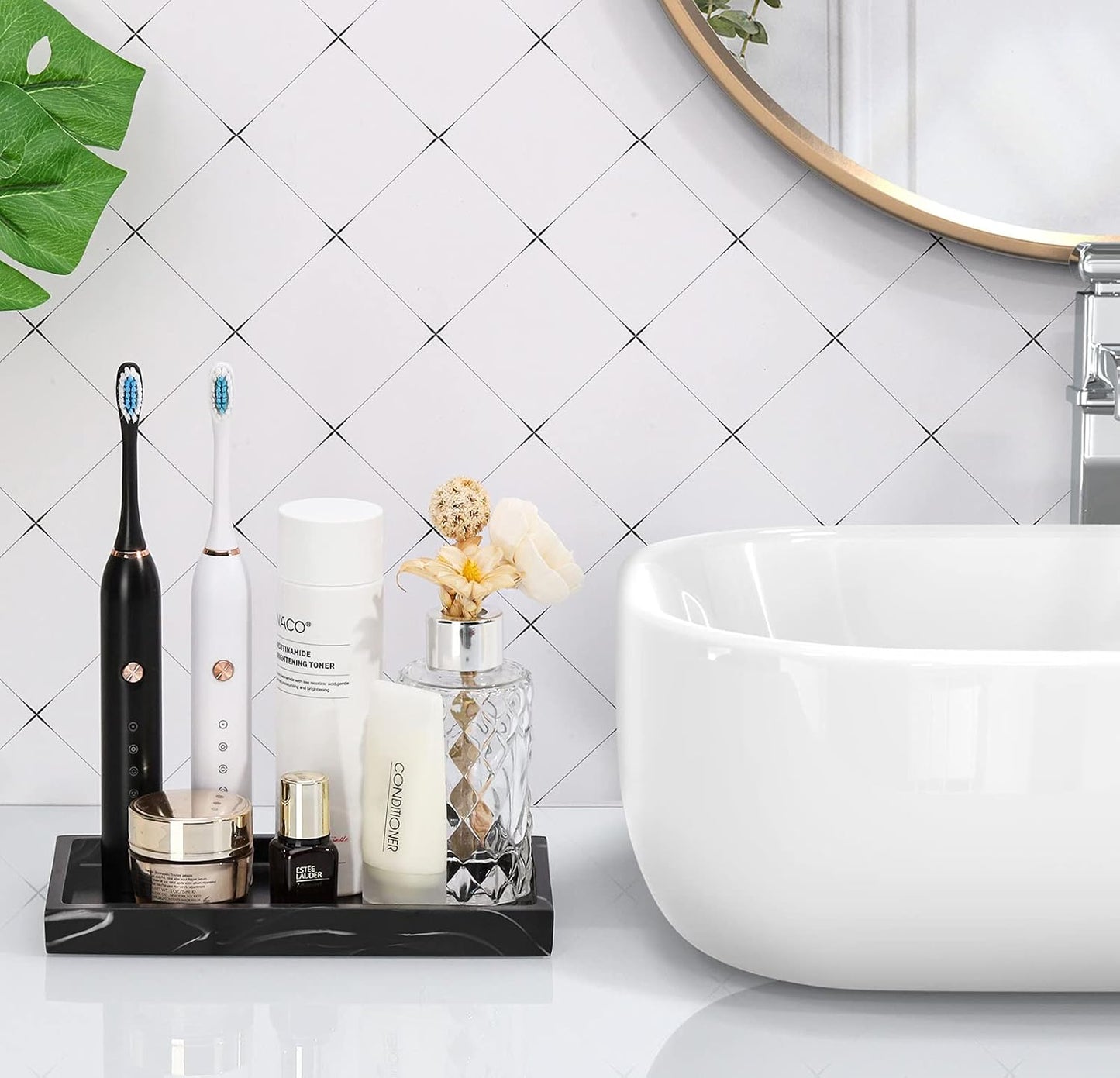 Luxspire Bathroom Vanity Tray, 8 x 4 inch Resin Kitchen Sink Tray for Soap Dispenser Bathroom Countertop Organizer Plate Holder for Perfume Soap Towel Bathroom Accessories, Mini, White Marble