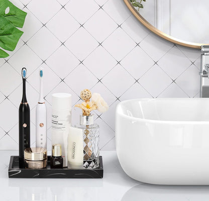 Luxspire Bathroom Vanity Tray, 8 x 4 inch Resin Kitchen Sink Tray for Soap Dispenser Bathroom Countertop Organizer Plate Holder for Perfume Soap Towel Bathroom Accessories, Mini, White Marble