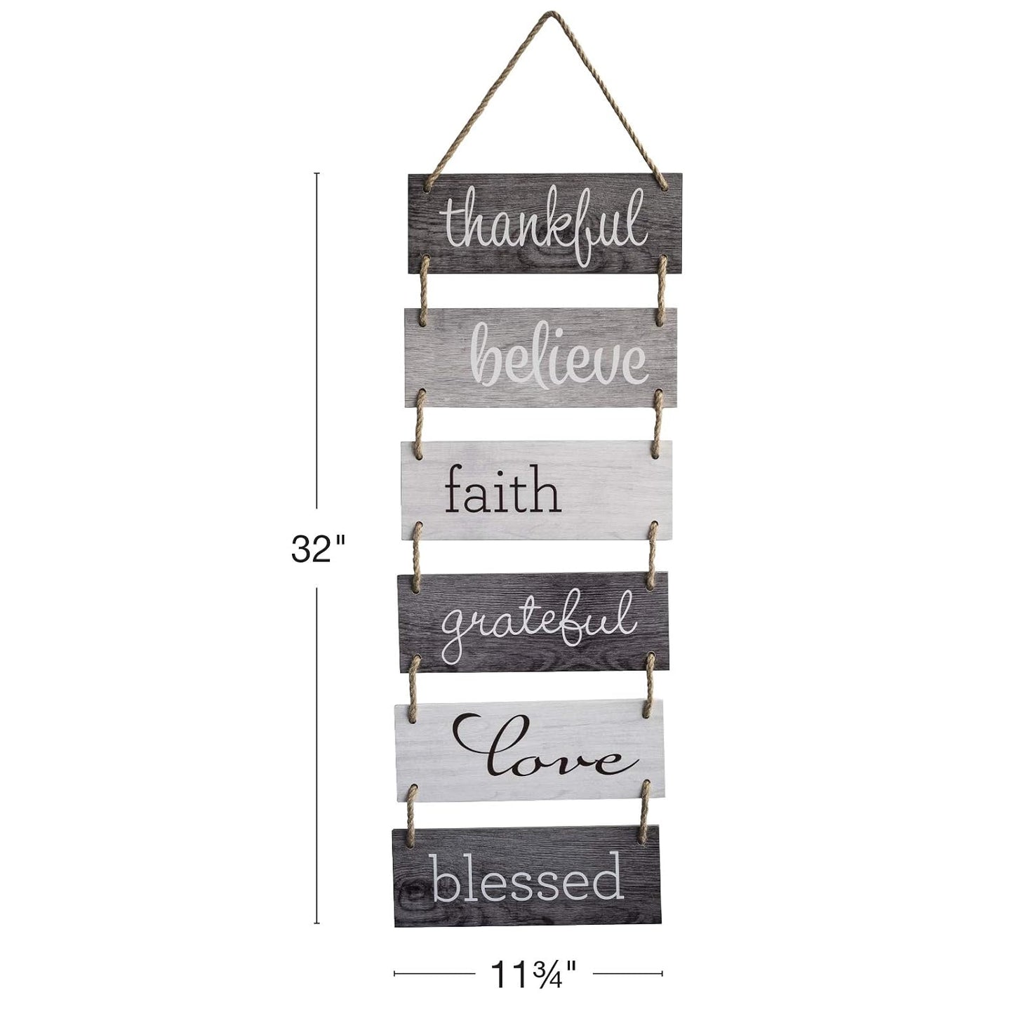 EXCELLO GLOBAL PRODUCTS Large Hanging Wall Sign: Rustic Wooden Decor (Grateful, Love, Believe, Thankful, Faith, Blessed) Hanging Wood Wall Decoration (11.75" x 32")