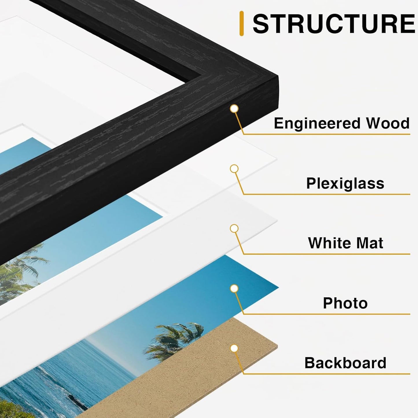 Vittanly 8x10 Picture Frames Set of 9, Shatter Resistant Plexiglass, Display 5x7 Pictures with Mat or 8x10 without Mat, Photo Frames for Wall or Tabletop, Engineered Wood, Black - Colors A