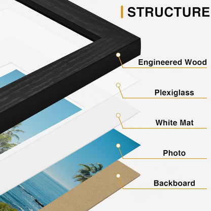 Vittanly 8x10 Picture Frames Set of 9, Shatter Resistant Plexiglass, Display 5x7 Pictures with Mat or 8x10 without Mat, Photo Frames for Wall or Tabletop, Engineered Wood, Black - Colors B
