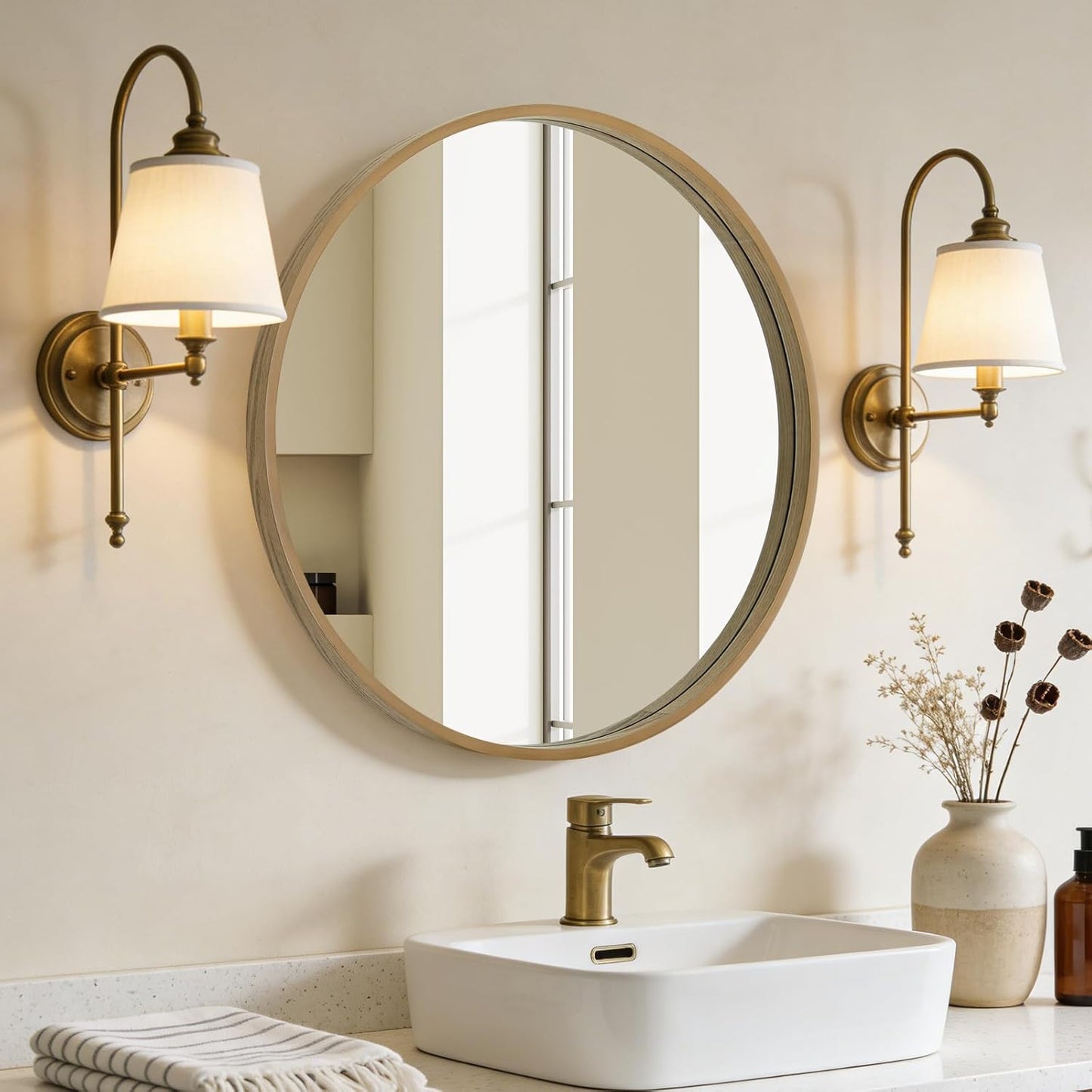 WallBeyond Wood Round Mirror with Wood Frame 24 inch Circle Wall Mirror for Bathroom Round Wall Mirror for Wall Decor, Vanity, Entryway Living Room (Walnut)