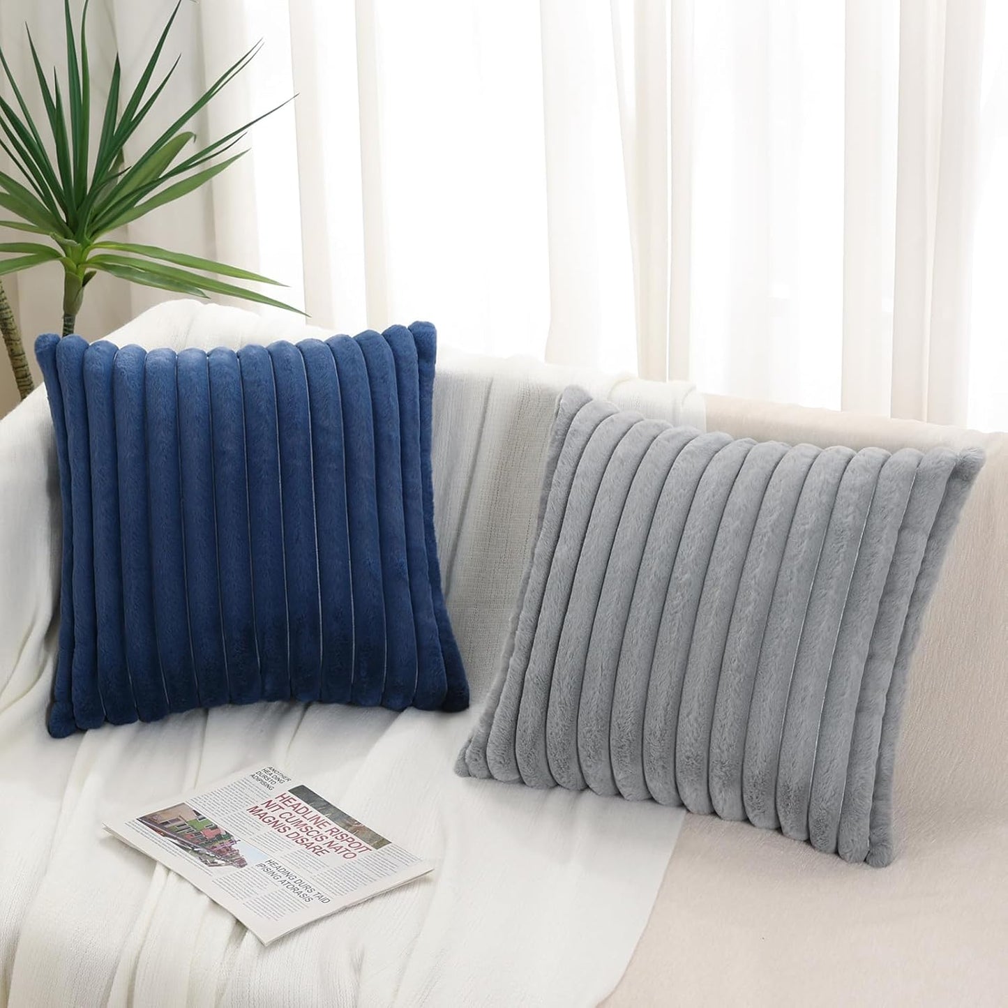 Pallene Faux Fur Plush Throw Pillow Covers 18x18 Set of 2, Luxury Soft Fluffy Striped Decorative Pillow Covers for Sofa, Couch, Living Room, Cream White