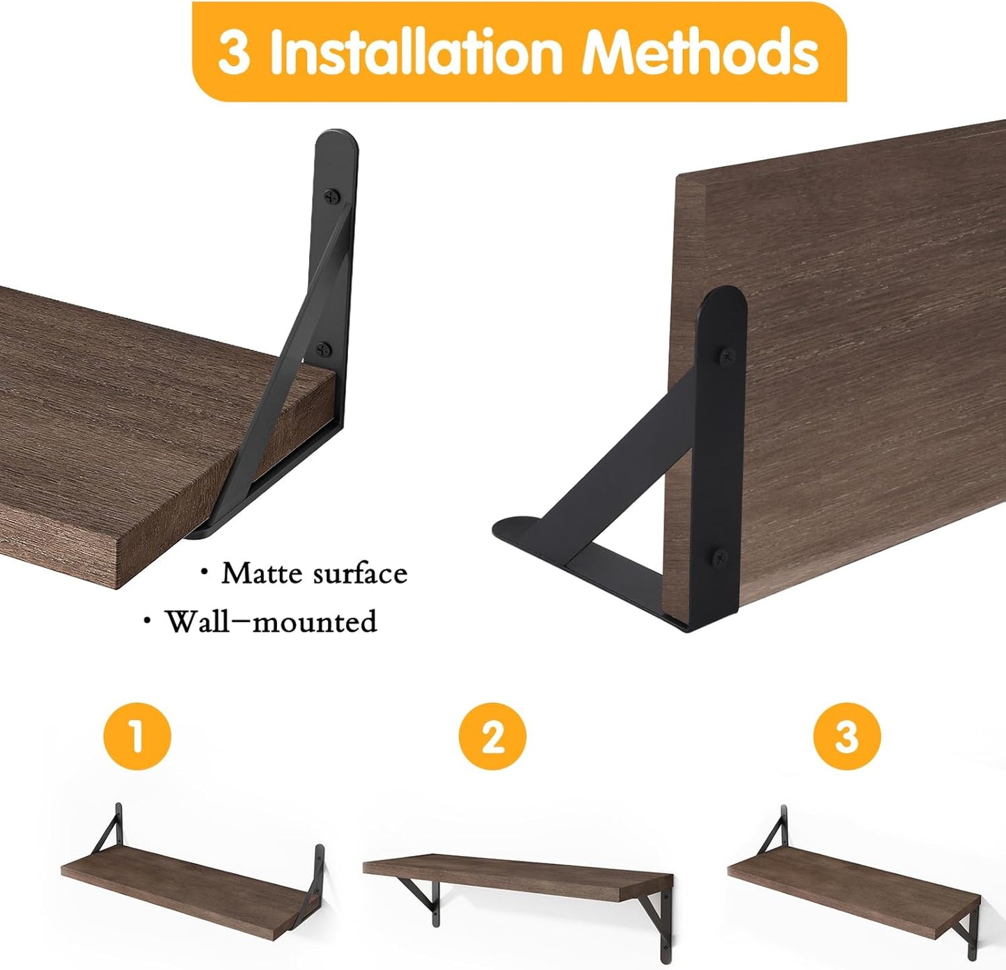 YGEOMER Floating Shelves for Wall, Different Sizes Dark Carbonized Brown Wall Shelves for Living Room, Bathroom, Bedroom, Kitchen, Home Decor (Set of 4)
