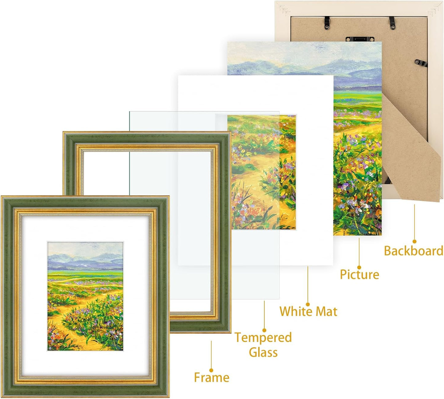 Golden State Art,11x14 Ornate Picture Frame for 8x10 Photo with Mat or 11 x 14 Prints without Mat,Real Glass Wall Display(Color:Green Gold)