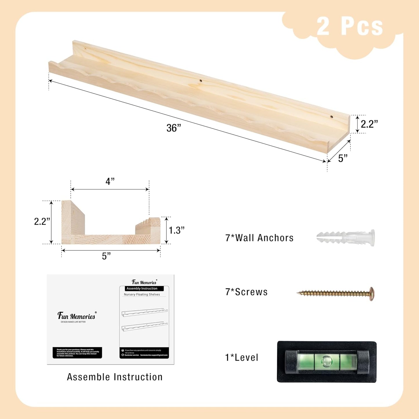 Fun Memories Picture Ledge Shelf for Wall, 24 inch Pine Wood Nursery Book Shelves Set of 2- Wall Book Shelves for Kids Room, Home Decor - Kitchen Spice-White