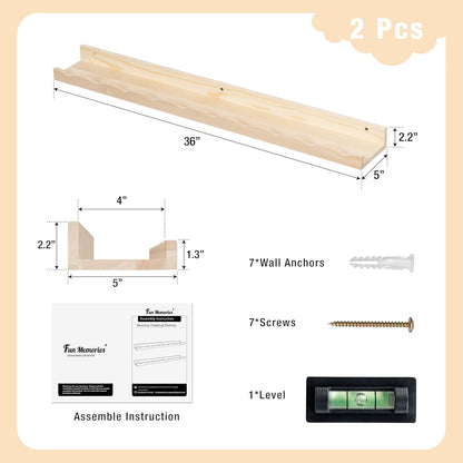 Fun Memories Picture Ledge Shelf for Wall, 24 inch Pine Wood Nursery Book Shelves Set of 2- Wall Book Shelves for Kids Room, Home Decor - Kitchen Spice-White