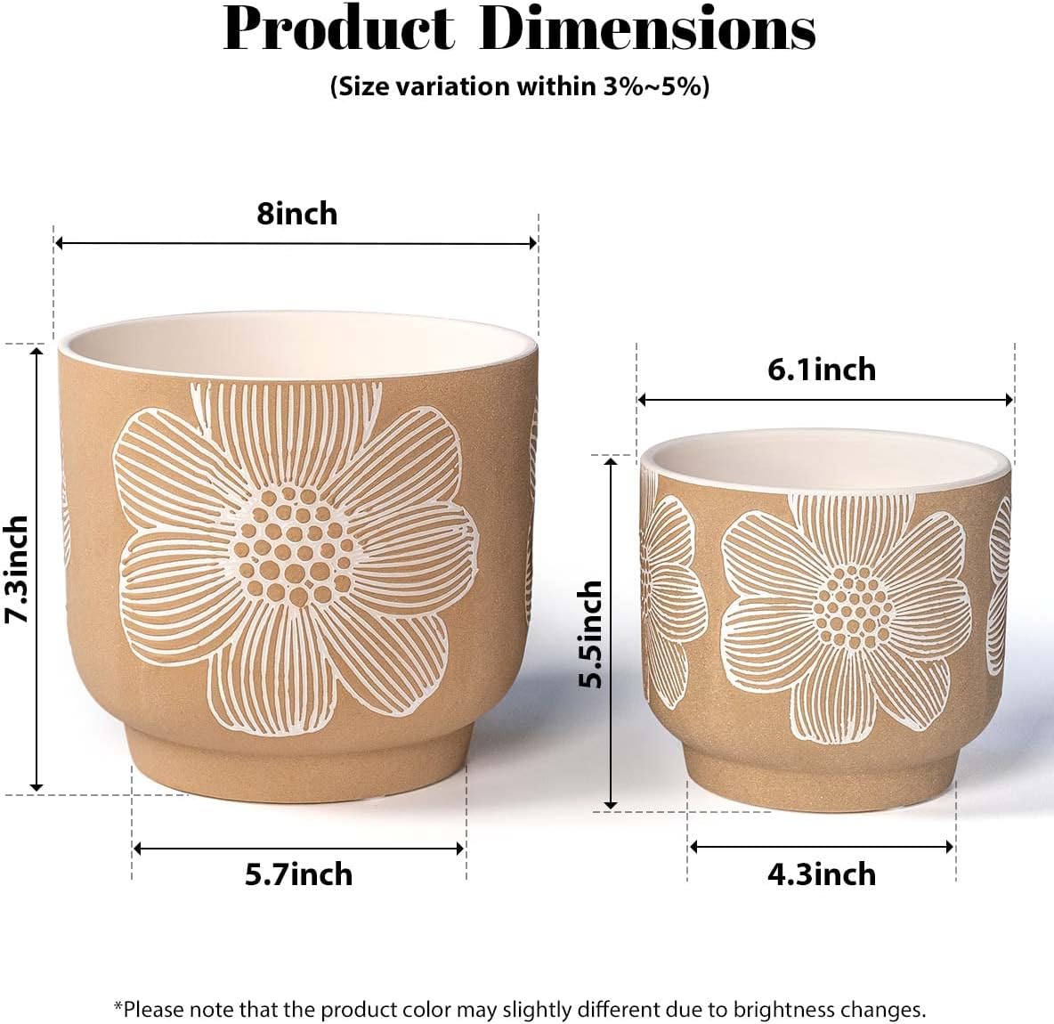 YBX 8 Inch + 6 Inch Ceramic Plant Pots, Succulent Flower Pots with Drainage Holes, Terracotta Planters for Indoor Plants, White&Terracotta (Garden)
