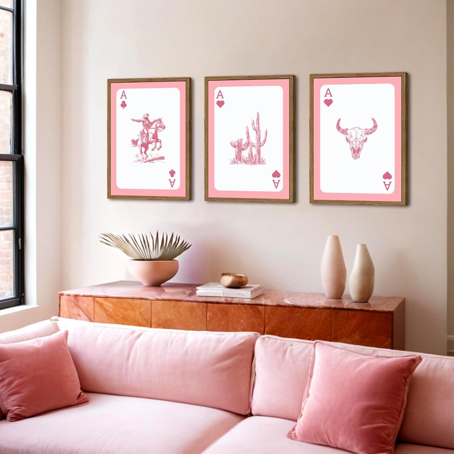 Western Wall Art Set of 3, Southwestern Cowboy Playing Card Wall Decor, Longhorn Bull Skull and How Lucky are We Poster Canvas Painting Prints for Bedroom Living Room 12x16 inch Wood Framed