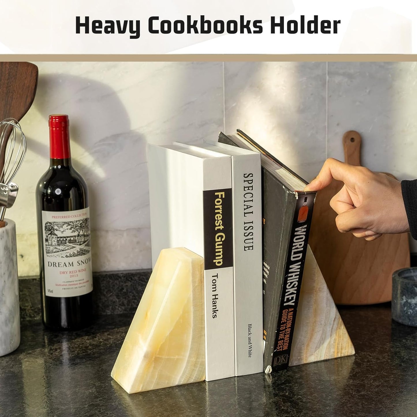 Karibiber Travertine Bookends for Heavy Books, Marble Decorative Bookends for Shelves, Heavy-Duty Stone Book Ends for Hardback Book & Cookbooks, Unique Book Stopper & Holder, Travertino Italy