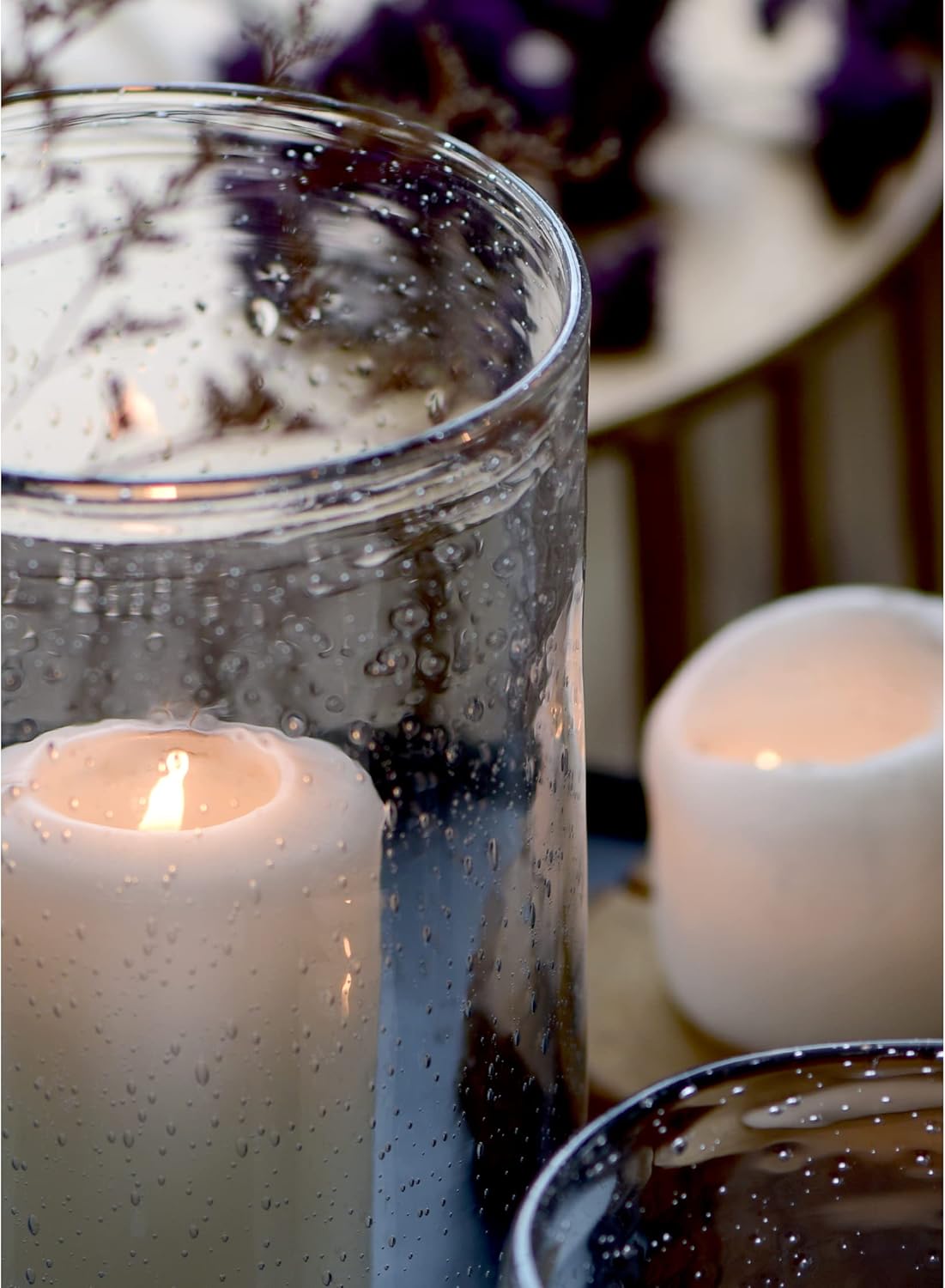 Hurricane Candle Holders for Pillar Hand Blown Glass Cylinder Vases Table Centerpiece Bulk Room Decor Clear Seeded Bubbles Living Dining Kitchen Island 10" 7" 4" Set of 3