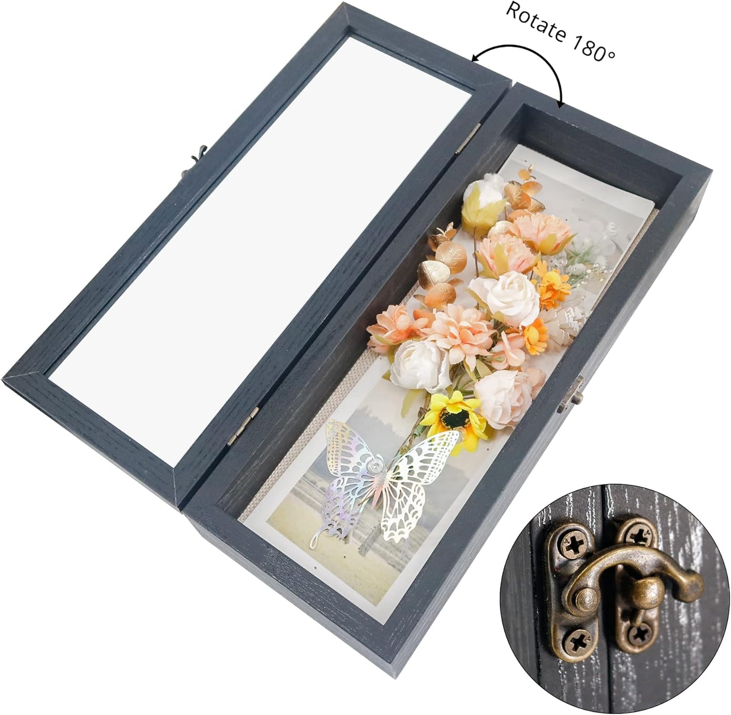 GraduationMall 13x16 Wood Shadow Box Frame Glass Door Display Case with Linen Back and 6 Stick Pins,1.5 inches Interior Depth,Ideal for Memorabilia Pictures Flowers Medals Tickets Rustic White