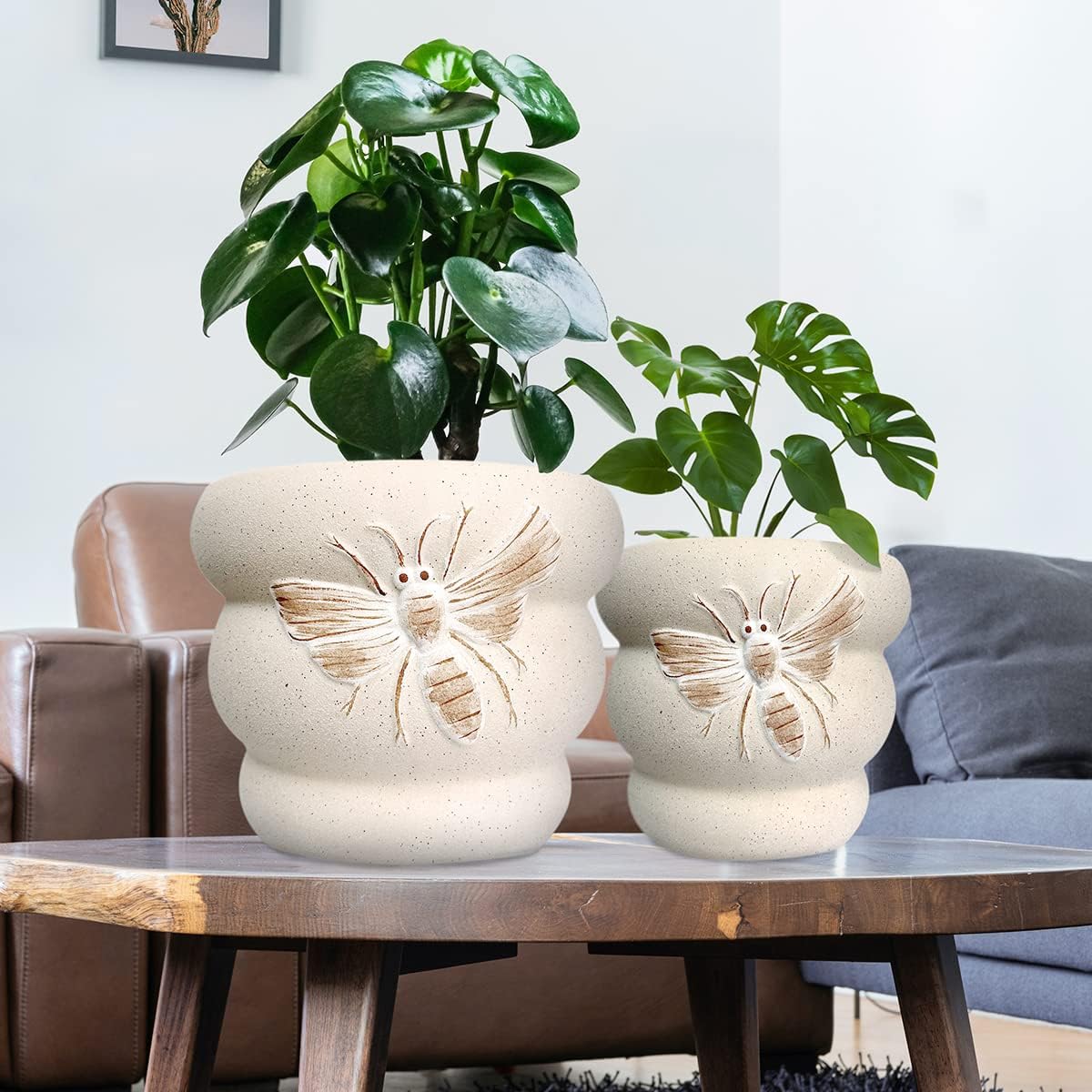 YBX 8 Inch + 6 Inch Ceramic Plant Pots, Succulent Flower Pots with Drainage Holes, Terracotta Planters for Indoor Plants, White&Terracotta (Garden)