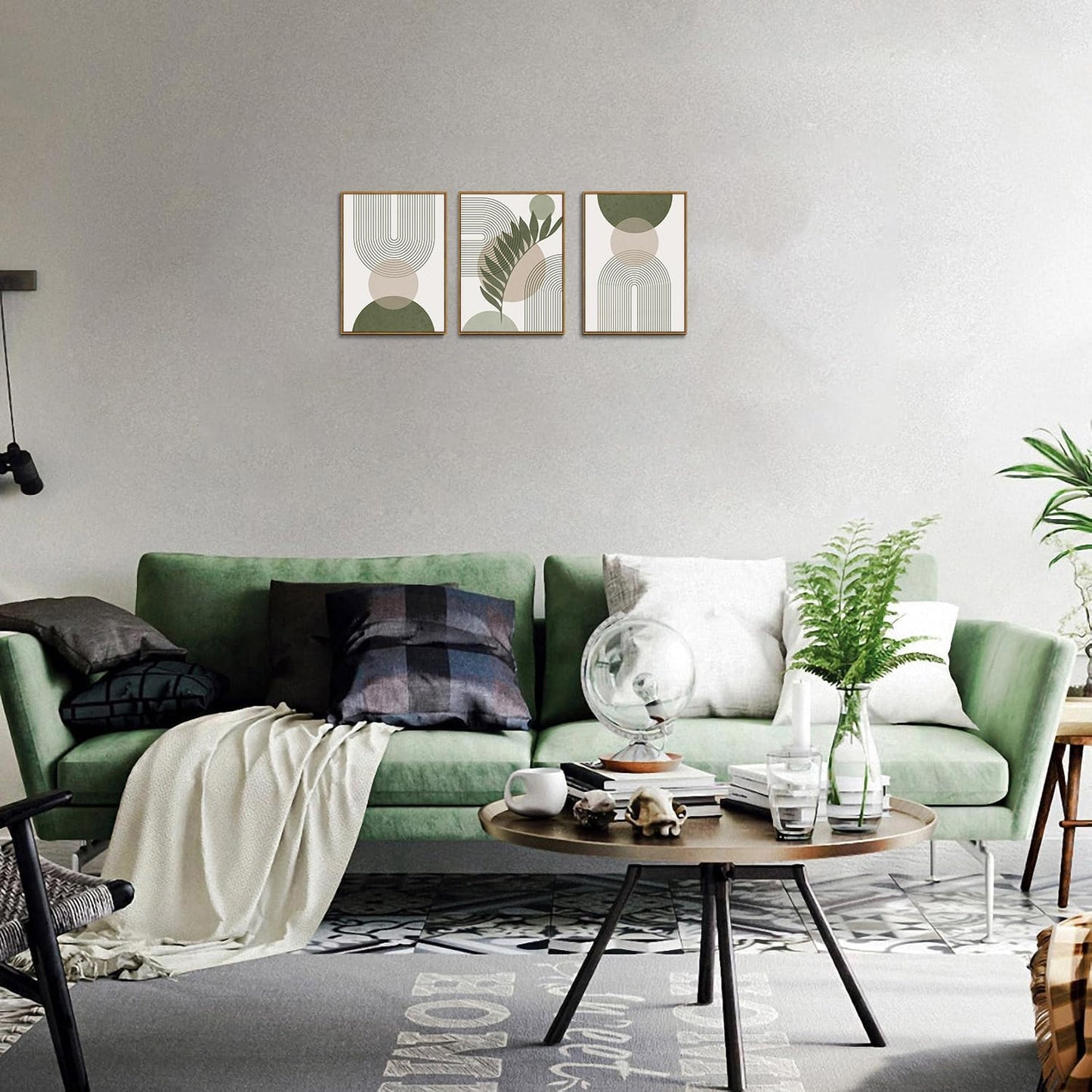 Bwodke Boho Wall Art, Framed Abstract Wall Art, Green Botanical Neutral Canvas Wall Decor, Large Mid Century Plant Pictures Set of 3, Modern Minimalist Paintings, for Bedroom Living Room Bathroom