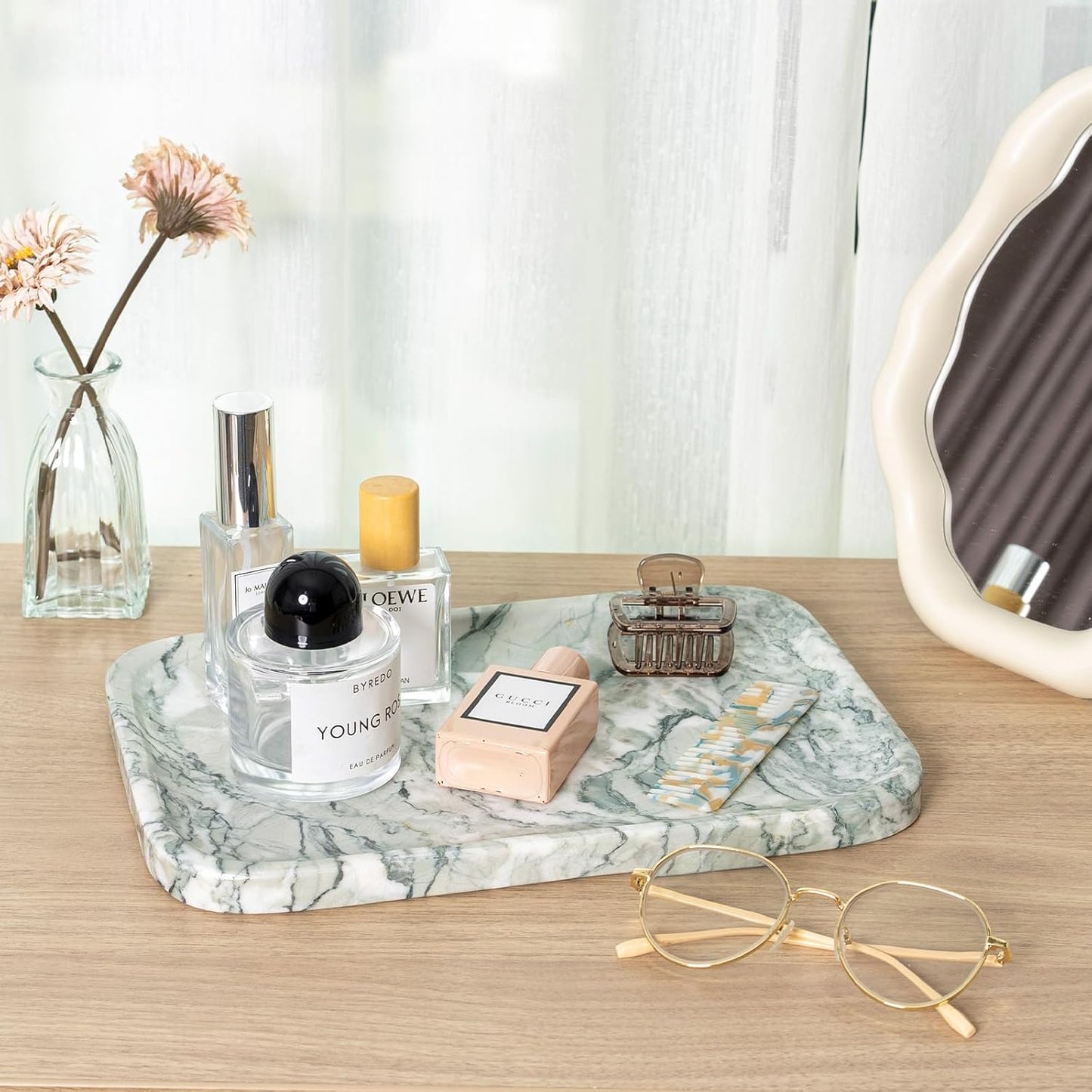 Marble Vanity Tray for Dresser Organizer, Travertine Bathroom Tray Countertop, Beige Decorative Serving Trays, Kitchen Sink Storage, Jewelry & Perfume Holder(Travertino Romano)