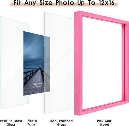 MUYE 11x14 Floating Frame Set of 2,Double Glass Rustic Frame,Display Any Size Photo up to 11x14,Wall Mount or Tabletop Standing,Natural