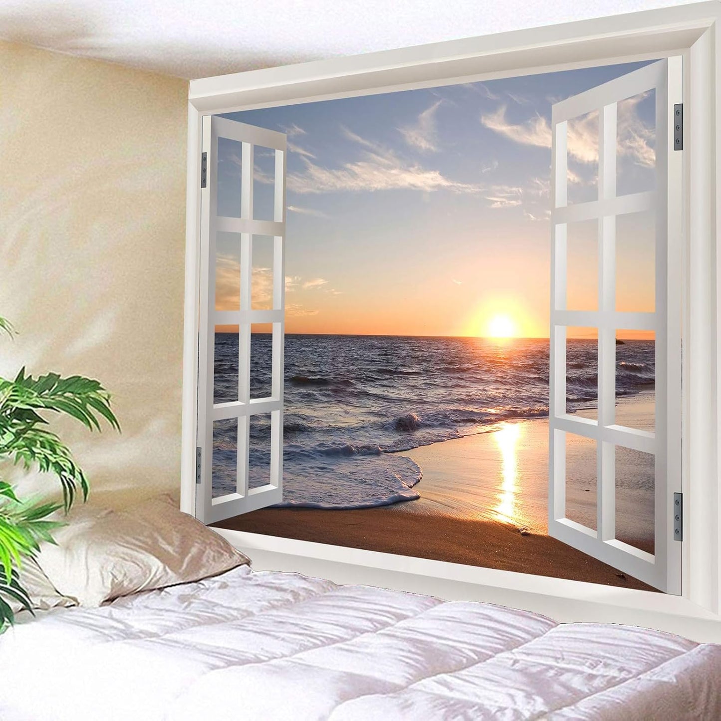 Homiest 3D Ocean Tapestry Wall Hanging Sun Sunset Sea Beach Landscape Tapestry Window Tapestries for Bedroom Living Room Home Decor 51x59 Inches