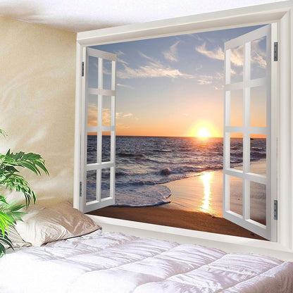 Homiest 3D Ocean Tapestry Wall Hanging Sun Sunset Sea Beach Landscape Tapestry Window Tapestries for Bedroom Living Room Home Decor 51x59 Inches