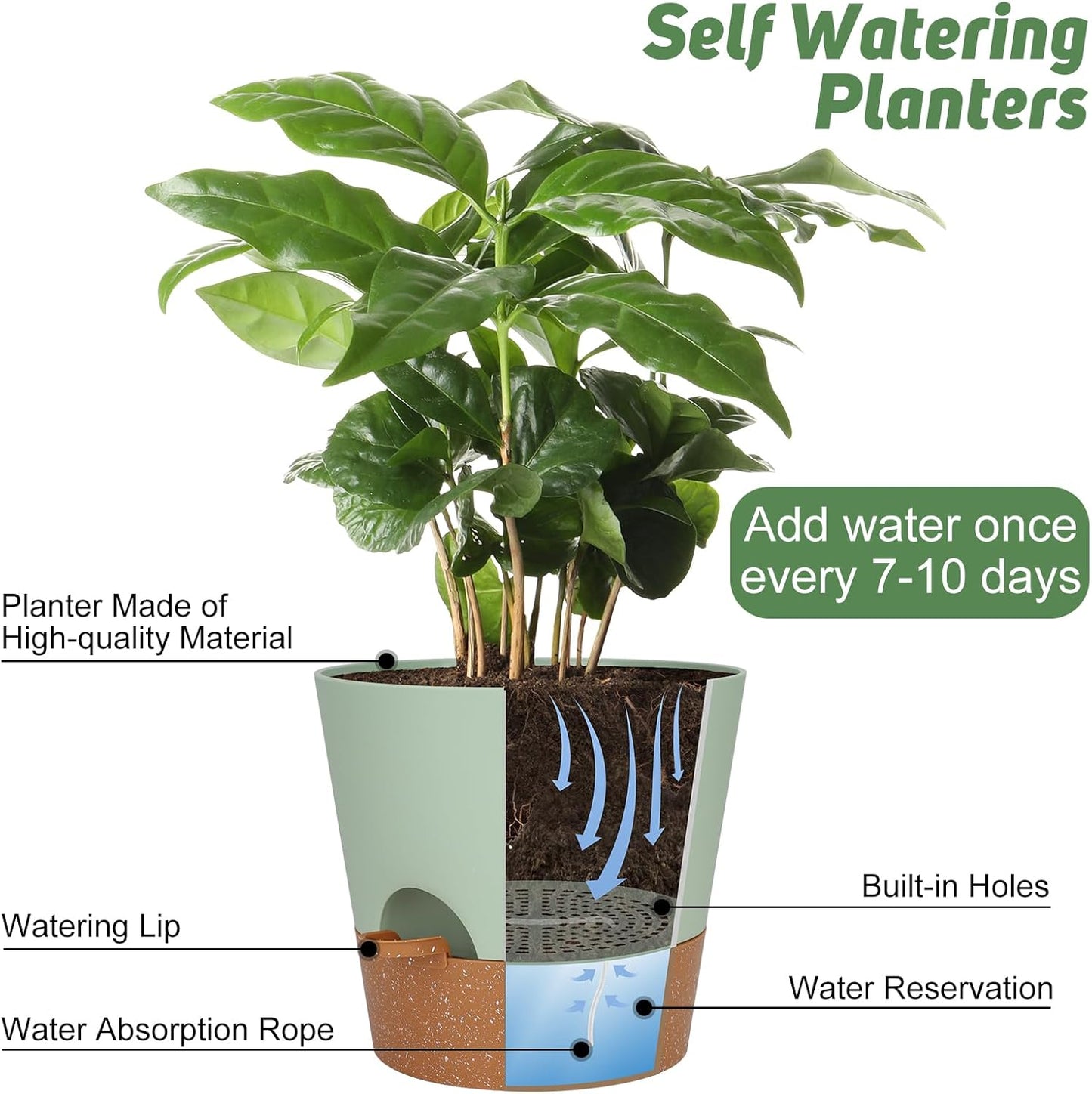 YNNICO Indoor Self Watering Planters with Drainage Holes and Saucers, 8, 7, 6.5, 6, 5.5, 5 Inches, Black, 6 Pots