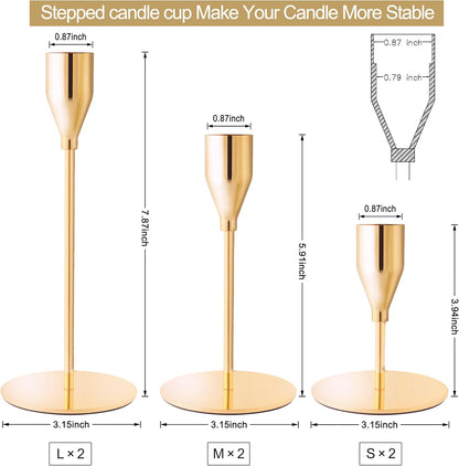 French Gold Taper Candle Holders for Wedding Table Centerpiece,Tall Taper Candlestick Holders Bulk Set of 6,Metal Candle Stick Holders for Dinning or Mantel Centerpiece,Party Home Decor