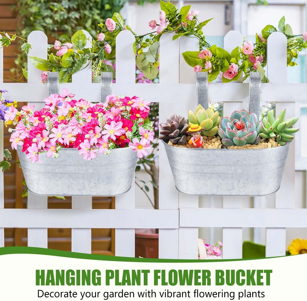 OBTANIM 4 Pack Metal Hanging Flower Pots Iron Railing Planter Outdoor Fence Hanging Pots Bucket Plant Holder with Detachable Hooks Drain Holes for Home Garden Yard Decor (Black)