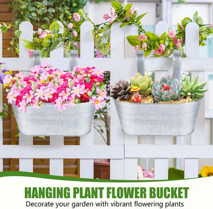 OBTANIM 4 Pack Metal Hanging Flower Pots Iron Railing Planter Outdoor Fence Hanging Pots Bucket Plant Holder with Detachable Hooks Drain Holes for Home Garden Yard Decor (Black)