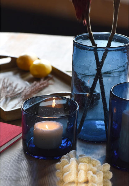 Hurricane Candle Holders for Pillar Hand Blown Glass Cylinder Vases Table Centerpiece Bulk Room Decor Clear Seeded Bubbles Living Dining Kitchen Island 10" 7" 4" Set of 3