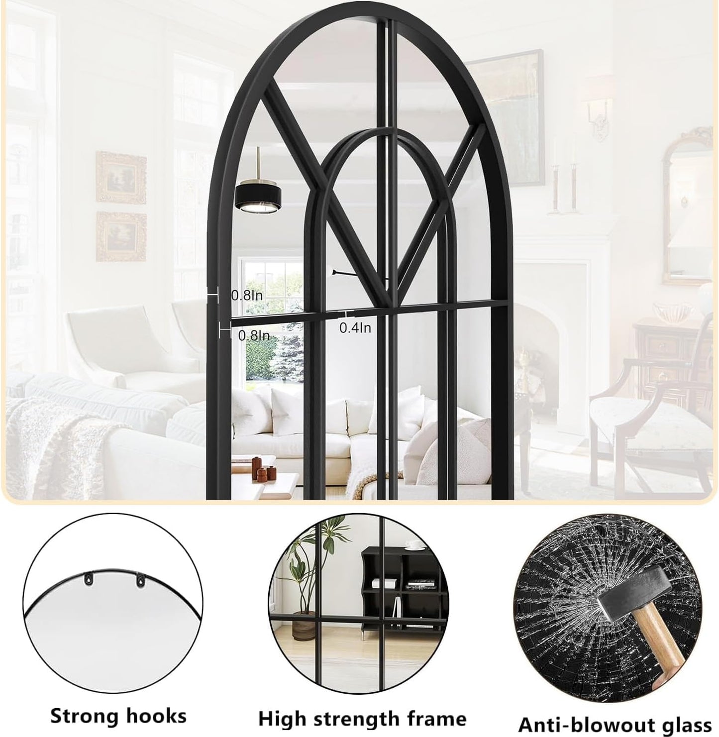 Dewfig 65"x 22" Arched Window pane Full Length Mirror, Wall Mirror, Floor Standing Mirrors, Farmhouse Long Full Body Mirrors Wall Mounted for Living Room, Bedroom, Entryway, Fireplace, Black